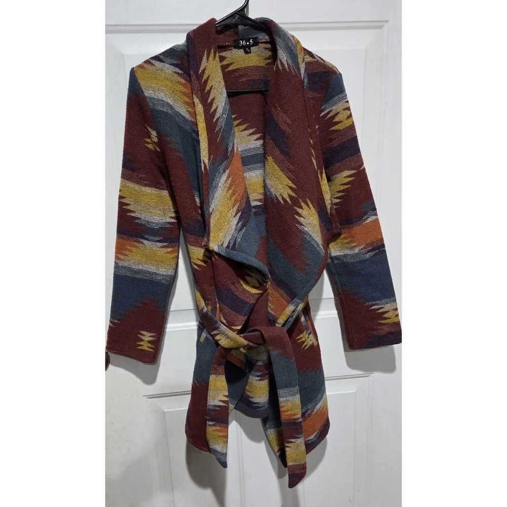 36.5 Southwestern/ Aztec Multi Color Print Belted Blanket Wrap Coat Women M